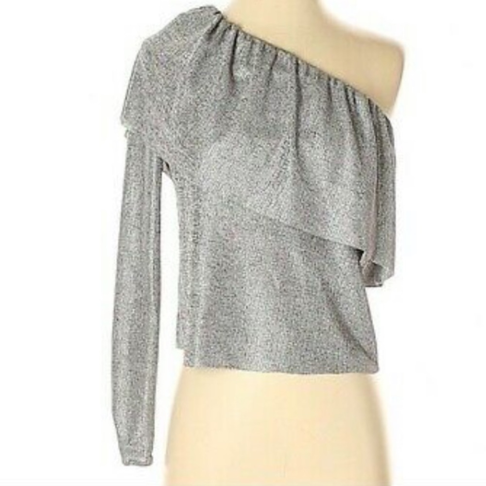 ZARA silver/grey long one sided sleeve ruffle top